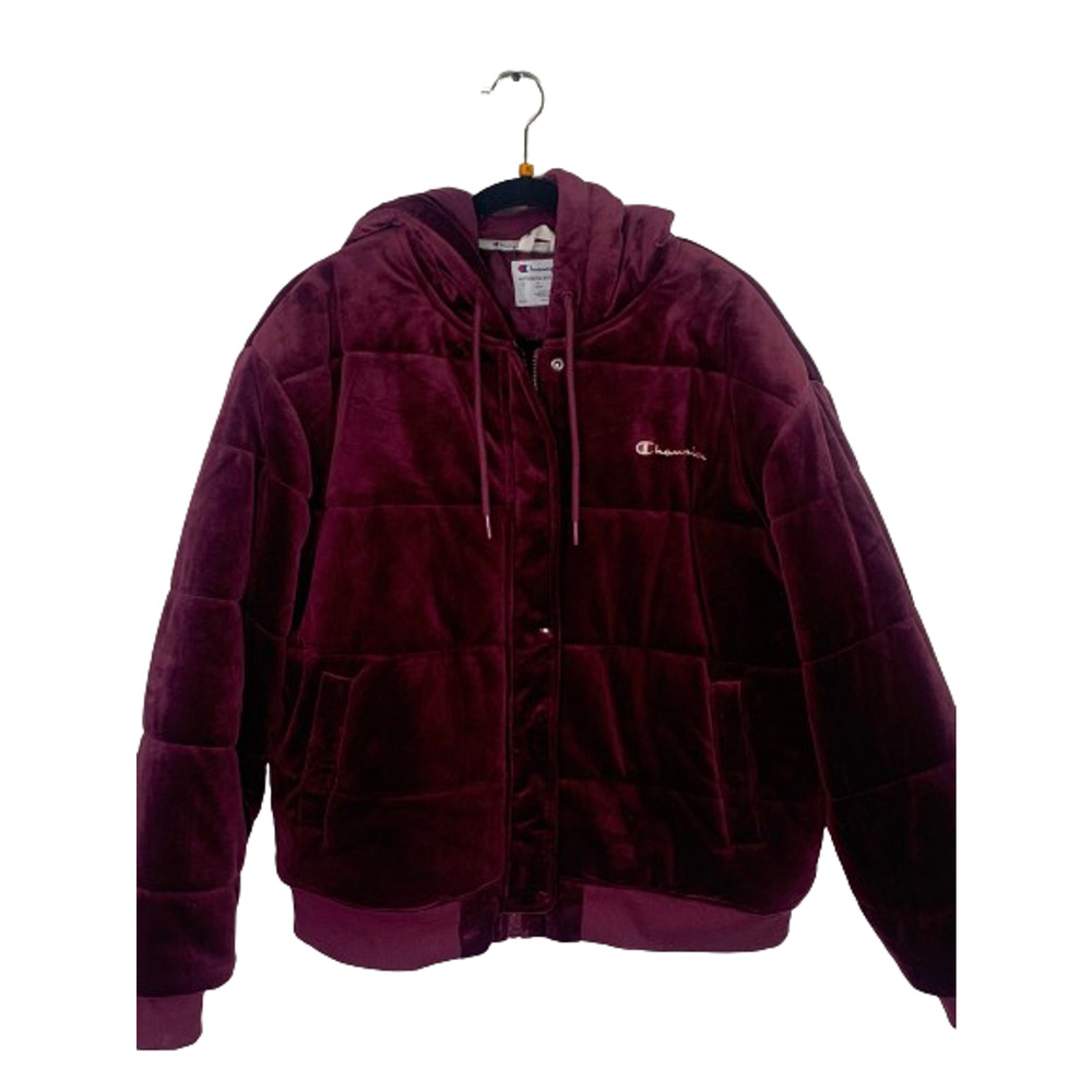 Champion Womens Size XL Magenta Velour Puffer Satin Lined Hooded Jacket